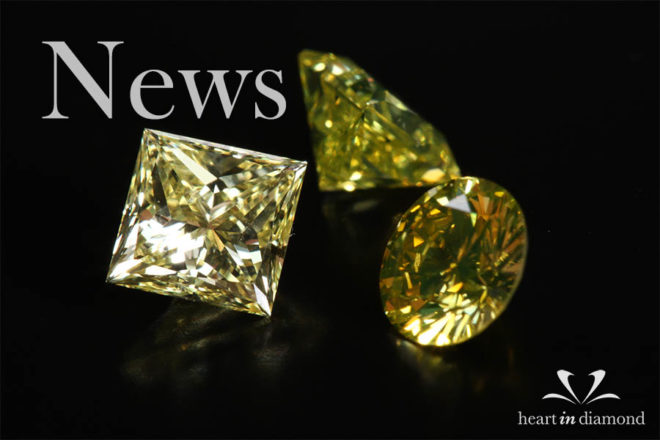 Diamond news cover image, showing one yellow square cut diamond and 2 round cut diamonds
