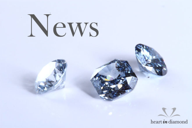 Diamond news cover image, showing 3 blue diamonds made from ashes and the heart in diamond logo
