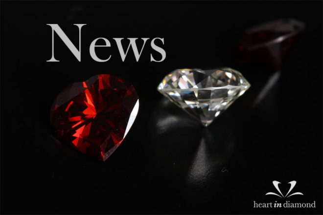 Diamond news cover image, showing a red and white cremation diamond and the heart in diamond logo