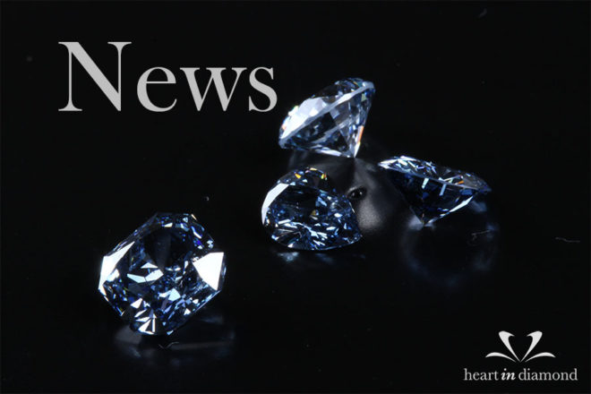 diamond news cover image, showing 1 blue asscher cut diamond and 3 blue diamonds made from ashes
