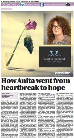 Scan of news article about Heart In Diamond and how a cremation diamond helped Anita