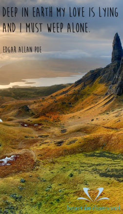 Quote: Deep in earth my love is lying, and I must weep alone with image of mountains and heart in diamond logo