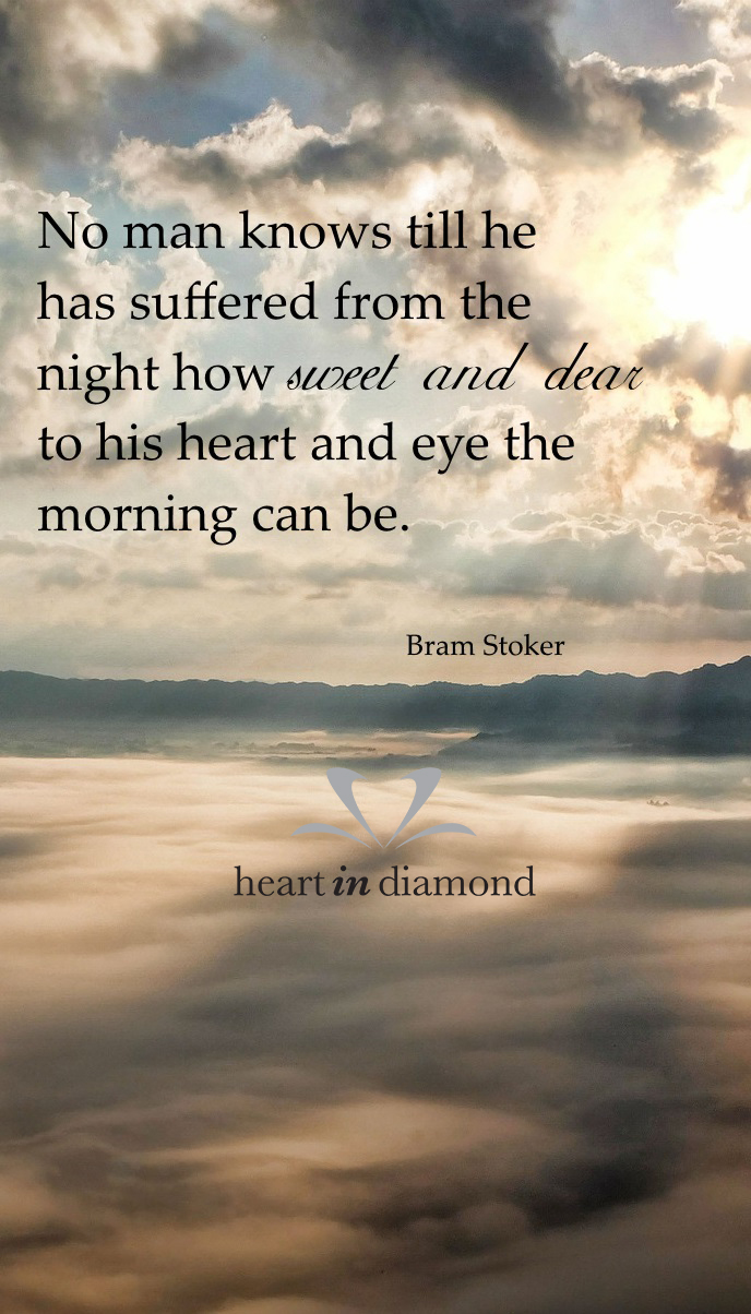 Image with Bram Stoker quote about suffering. Image shows sun behind the clouds